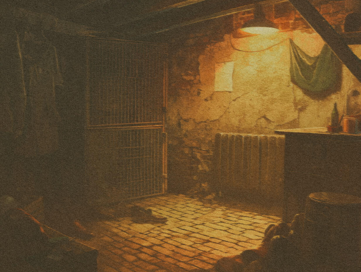 Disturbing storm cellar beside Barnes residence. Cages covered in dried, crusted blood with scratch marks. Jedediah Barnes discovered dead at foot of cellar.